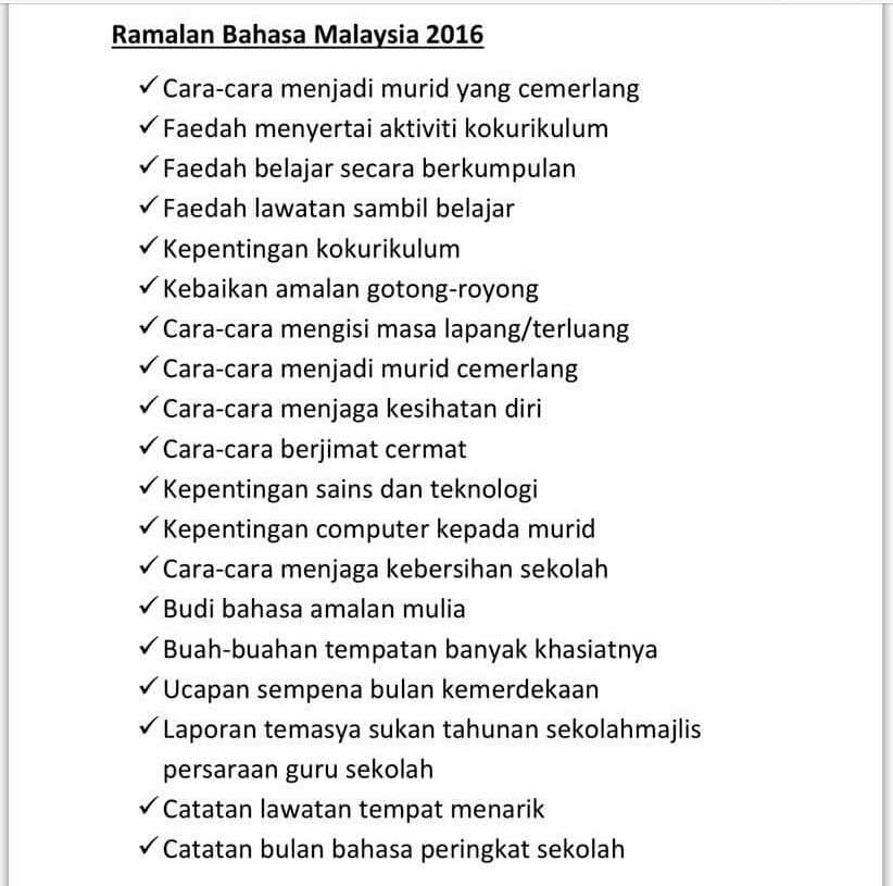Ramalan Tajuk Karangan Bahasa Melayu UPSR 2016