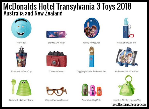 McDonalds Hotel Transylvania 3 Toys 2018 Australia and New Zealand happy meal toy promotion July 2018. set of 12 toys includes  Camera Viewer, Nesting Dolls, Vacation Travel Tool, Giggling Backscratcher, Wayne Fashion Glasses, Frank Ball, Drac Cup, Dennis Xylo Flyer, Blobby Bucket and Spade, Blobby Luggage Tag, Kraken Activity Card Set, Family Flying Disc