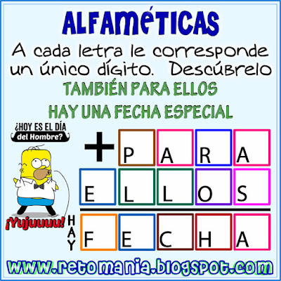 Alfaméticas, Criptoaritméticas, Día del Hombre, Día de San José, Juego de Letras, Juego de Palabras, Suma de Palabras