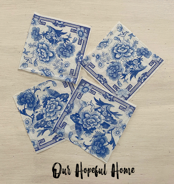 4 squares blue white cocktail chinoiserie napkins