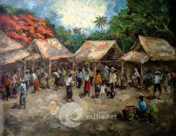 Jual Lukisan  Suasana Pasar di Desa 90x70cm MP 089 
