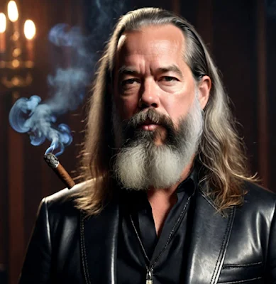 Rick Rubin wearing a black leather blazer with a cigar photo next one