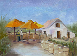 Winery painting by Kath Schifano, orange umbrellas