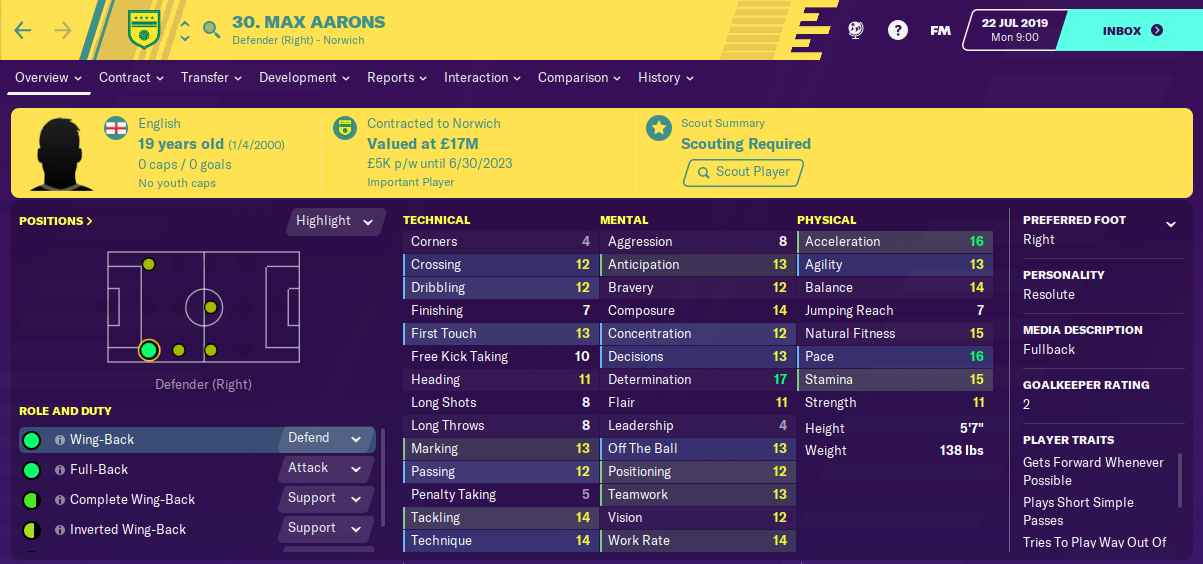 Max Aarons: Starting Attributes in FM2020