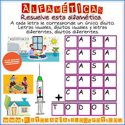 Alfaméticas, Criptosumas, Criptoaritmética, Juego de letras, Desafíos matemáticos, Problemas matemáticos, Problemas de lógica, Covid19, Coronavirus