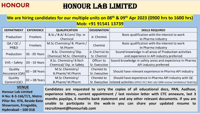 Honour Labs | Walk-in Interview for Freshers and Experienced on 8th & 9th April 2023