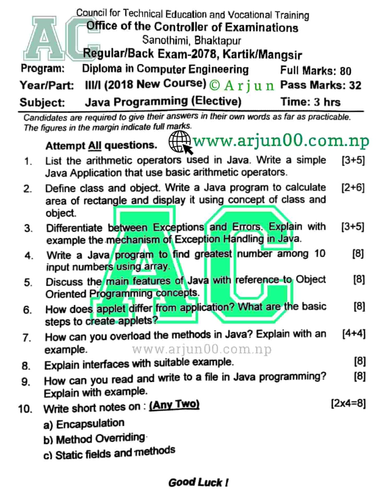 Java Programming :- 2081 to 2077  Question Paper of Fourth and Fifth Semester, Diploma in Computer and Information Technology Engineering- DCOM-IT ,CTEVT, Diploma,  Java Programming Elective I __Question Bank, Question Bank of Fourth/Fifth Semester, Java Programming  , arjun00 , DCOM Question Bank, Java Programming  2080 , 2079 , 2079 , 2078 ,2077 All Question Paper, arjun00