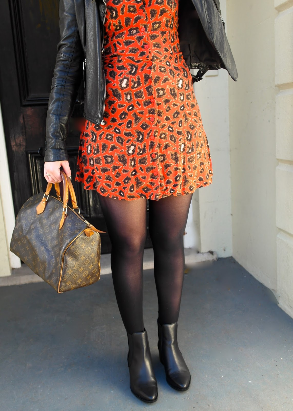 Red leopard print dress and Chelsea boots