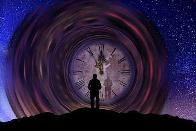 The silhouette of a man walks towards a giant vortex with a clock in its center.