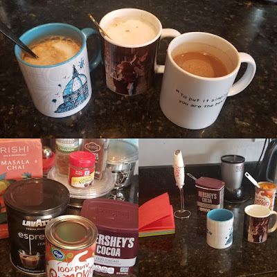 Photo collage with a top image of three coffee mugs filled with pumpkin mocha breve and two smaller images of ingredients