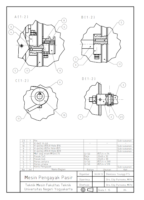 Bagaimana cara menggambar detail mesin menurut standar ISO? Contoh gambar kerja mesin yang dikerjakan dengan software Inventor Autodesk.