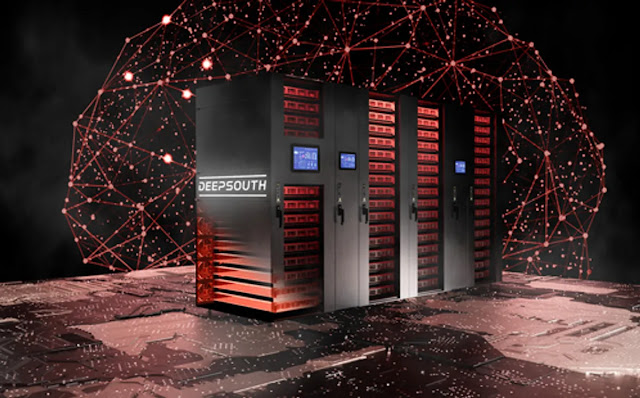 Impresión artística de DeepSouth, supercomputadora con detalles en rojo sobre un fondo que representa las redes del cerebro humano en rojo. Curiosciencia