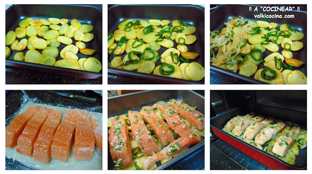 Salmón al horno con patatas panadera