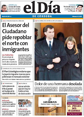 Portada de El Día de Córdoba del 9 de febrero de 2007