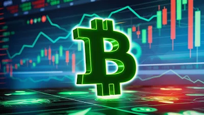 A glowing 3D Bitcoin logo illuminated in green, set against a digital financial chart background displaying candlestick patterns and market indicators.