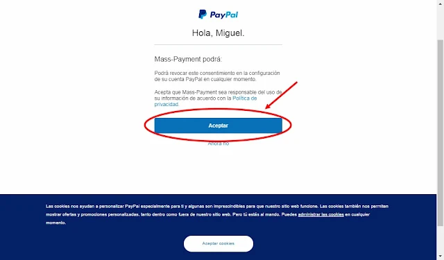 Aceptar permisos para asociar cuenta PayPal a Hive Work.