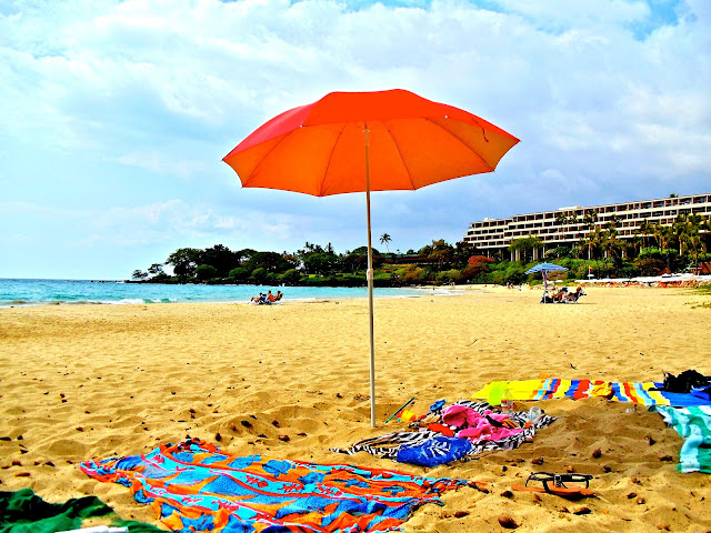 hawaii, kona, beach, ocean, sea, sunshine, laying out, umbrella, sarongs