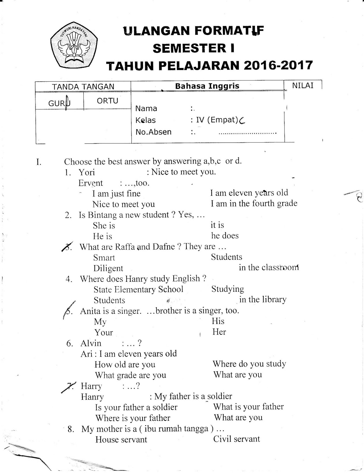 Formatif Bahasa Inggris Kelas 4 SD Semester Ganjil TA 2016 2017 Kurikulum2013