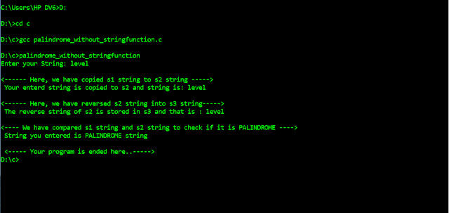  C program for checking Palindrome string without using string function.