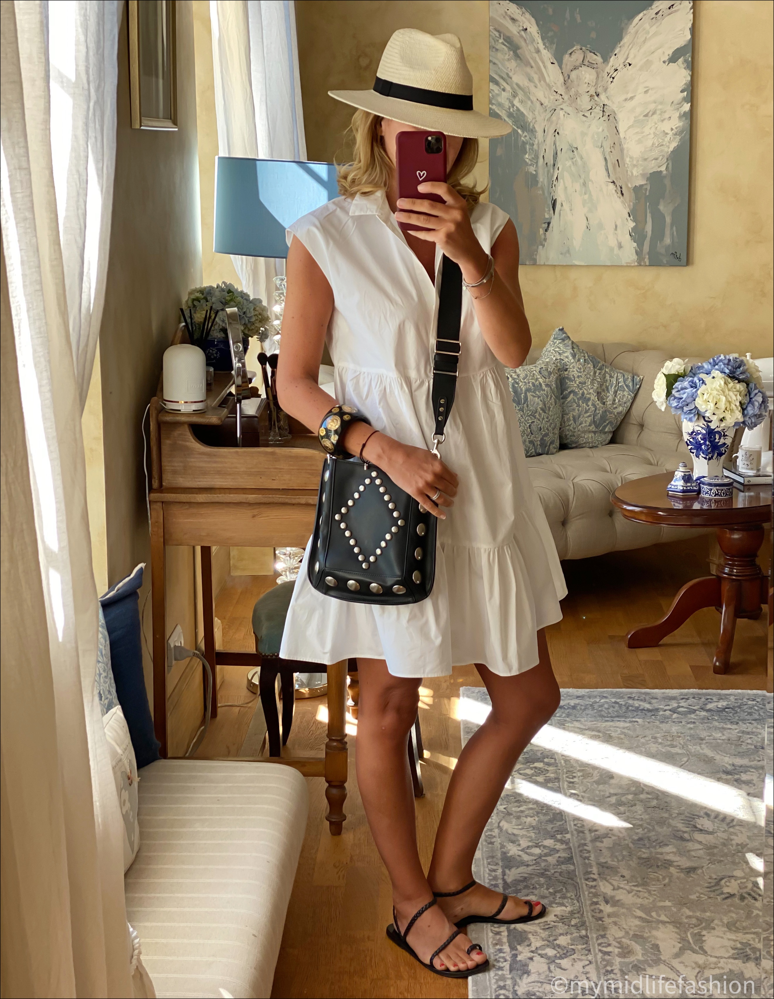 my midlife fashion, Claudie Pierrot tiered short shirt dress, Zara Panama hat, Isabel marant oskran bag, Ancient Greek plaited sandals