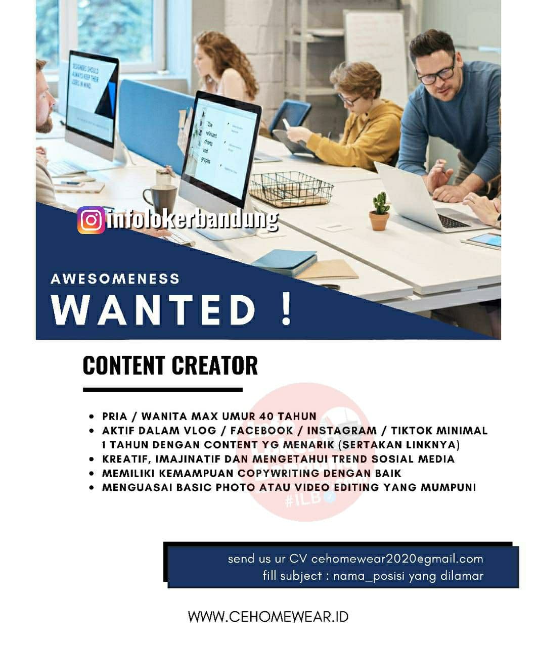 Lowongan Kerja Content Creator Cehomewear Bandung Juli 2021