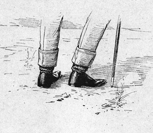 an Auguste Vimar drawing of a walking gentleman's feet and cane