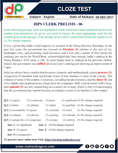 DP | Cloze Test For IBPS Clerk Prelims | 06-12-2017