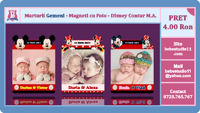 marturii gemeni magneti de frigider personalizati cu fotografie disney taiati pe contur