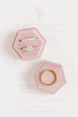 wedding rings in pink velvet box