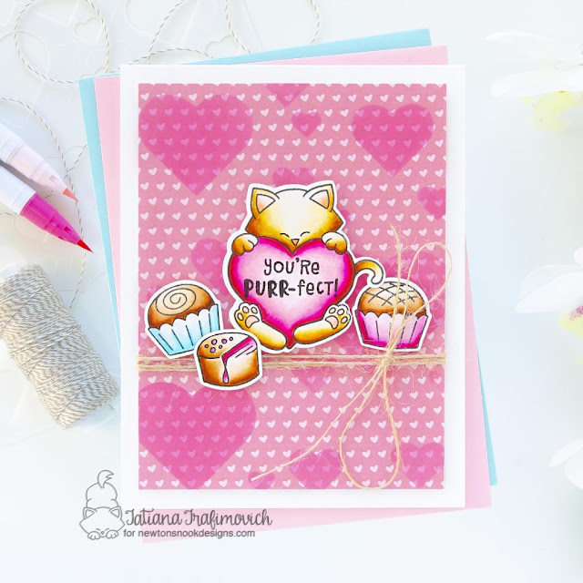 Valentine Cat Card by Tatiana Trafimovich | Newton's Heart Stamp Set, Bokeh Hearts Stencil Set, and Love & Chocolate Stamp Set by Newton's Nook Designs