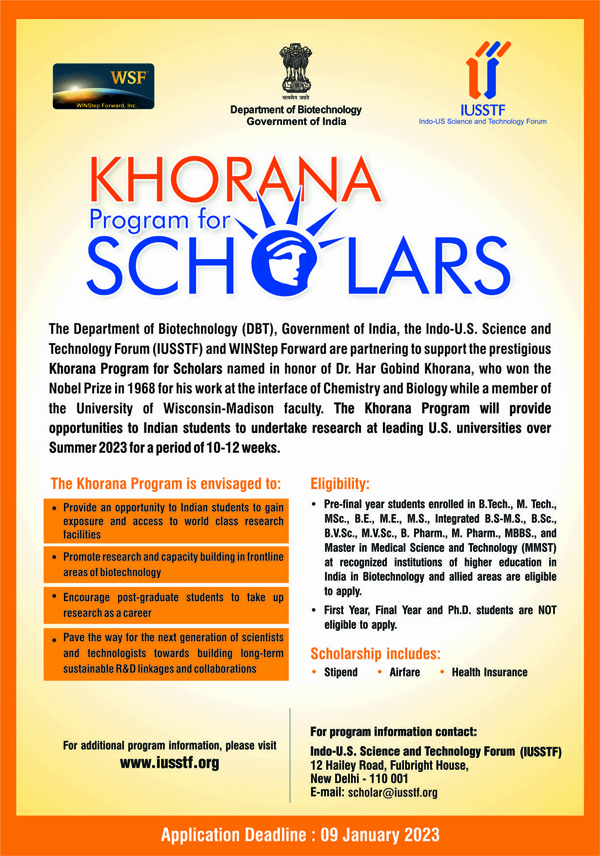 DBT-IUSSTF Khorana Program for Indian Students to Take Research in USA Universities in Summer 2023