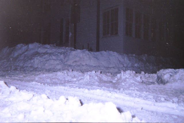 disposable camera, bad exposure, winter, snowfall, snow, winter night, snowbank, nor'easter, uncleared road, nighttime