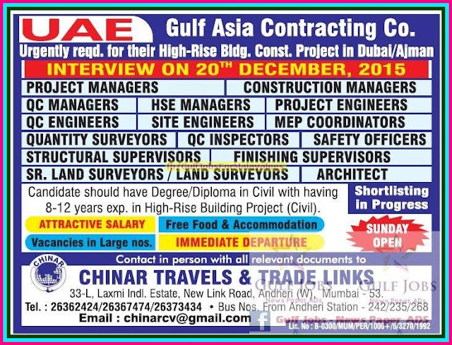 Gulf Asia contracting co Jobs for UAE - Free food & Accommodation