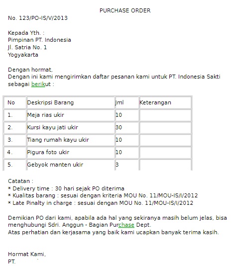 Contoh purchase order: contoh purchase order