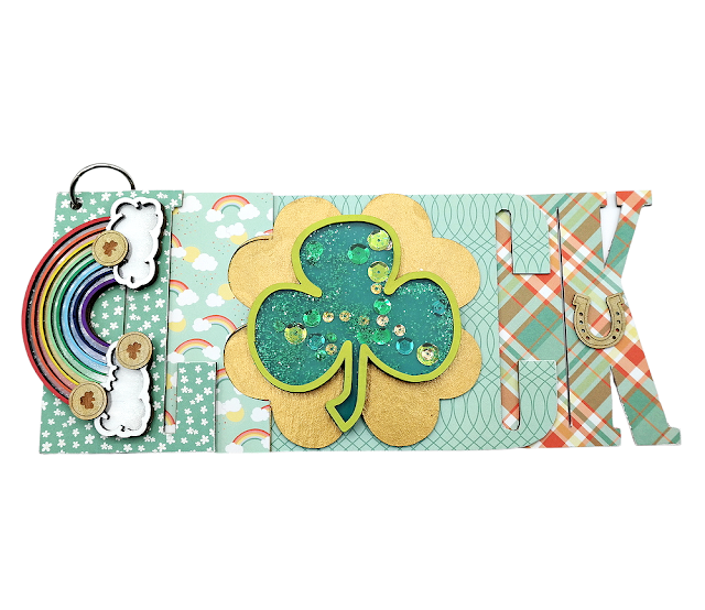 Chipboard Luck Mini Album with Rainbow and Shamrock Shaker and Wood Veneer Embellishments