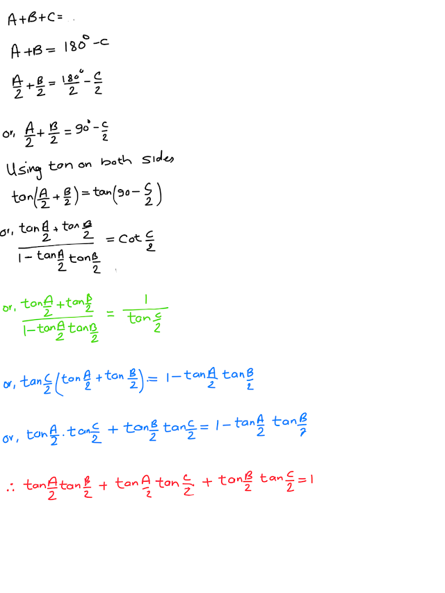 Prove that tan(A/2)tan(B/2) + tan(B/2)tan(C/2) + tan(A/2)tan(c/2) =1