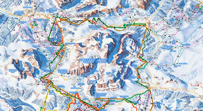 Map of Sellaronda ski route. Orange clockwise. Green counterclockwise.