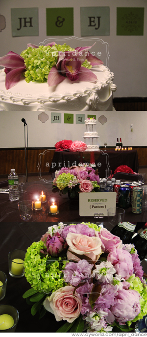 Wedding cake was decorated with pink cymbidoum orchids and green hydrangeas