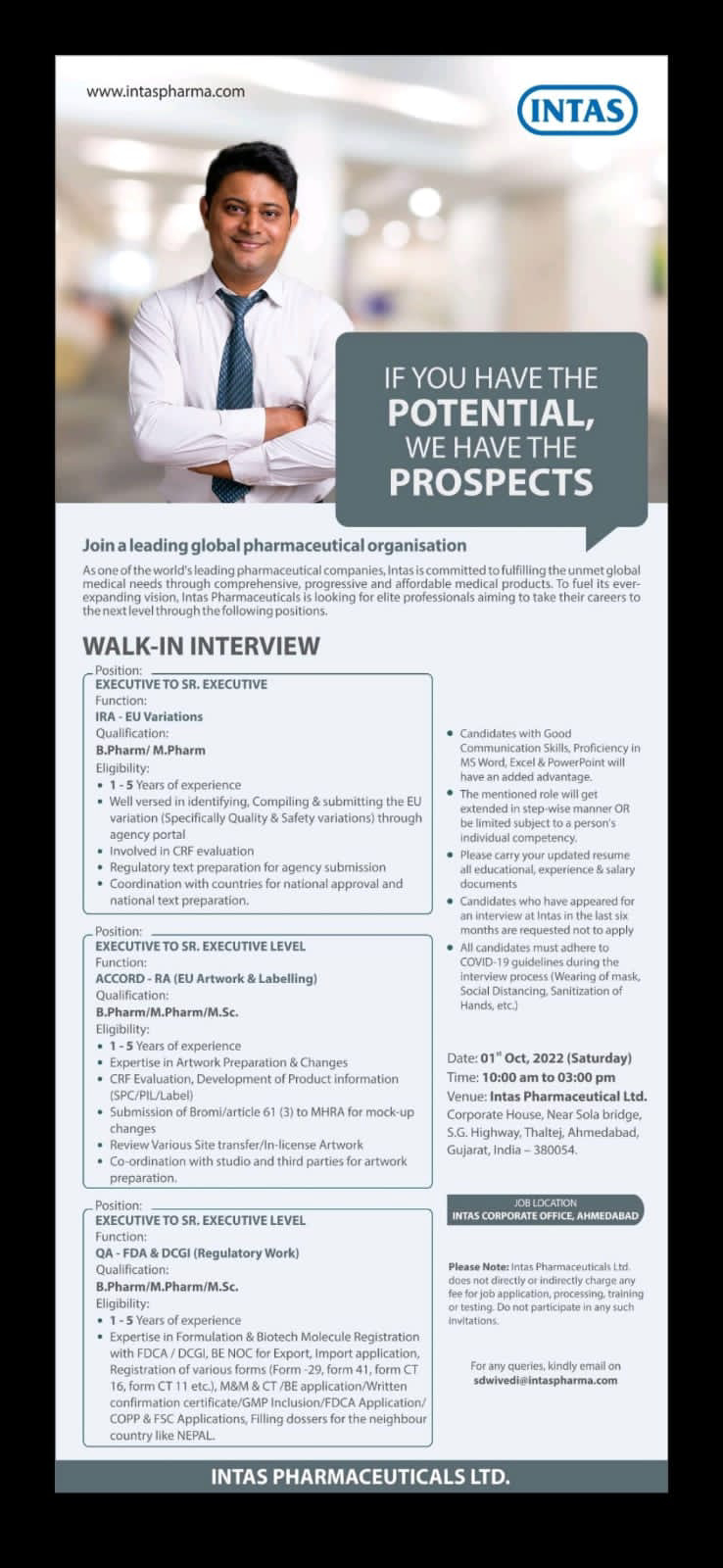 Job Available's for Intas Pharmaceutical Ltd Walk-In Interview for B Pharm/ M Pharm/ MSc