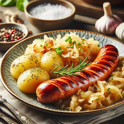 Auf dem Bild sieht man einen Teller mit einer gebratenen Rostbratwurst, Sauerkraut und Salzkartoffeln. Das Gericht sieht sehr lecker und appetitlich aus.