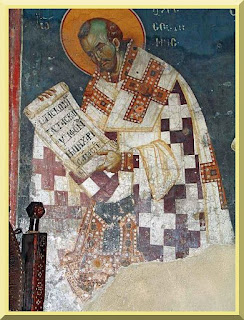 Fresco of St. John Chrysostom, lower register of sanctuary in Church of the Theotokos Peribleptos in Ohrid, Macedonia - PD-1923