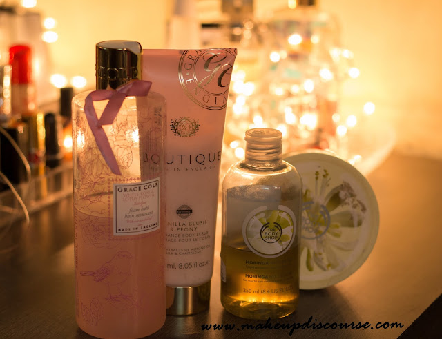 Current Bath Favourites, The Body Shop Moringa Shower Gel, Grave Cole Products in India