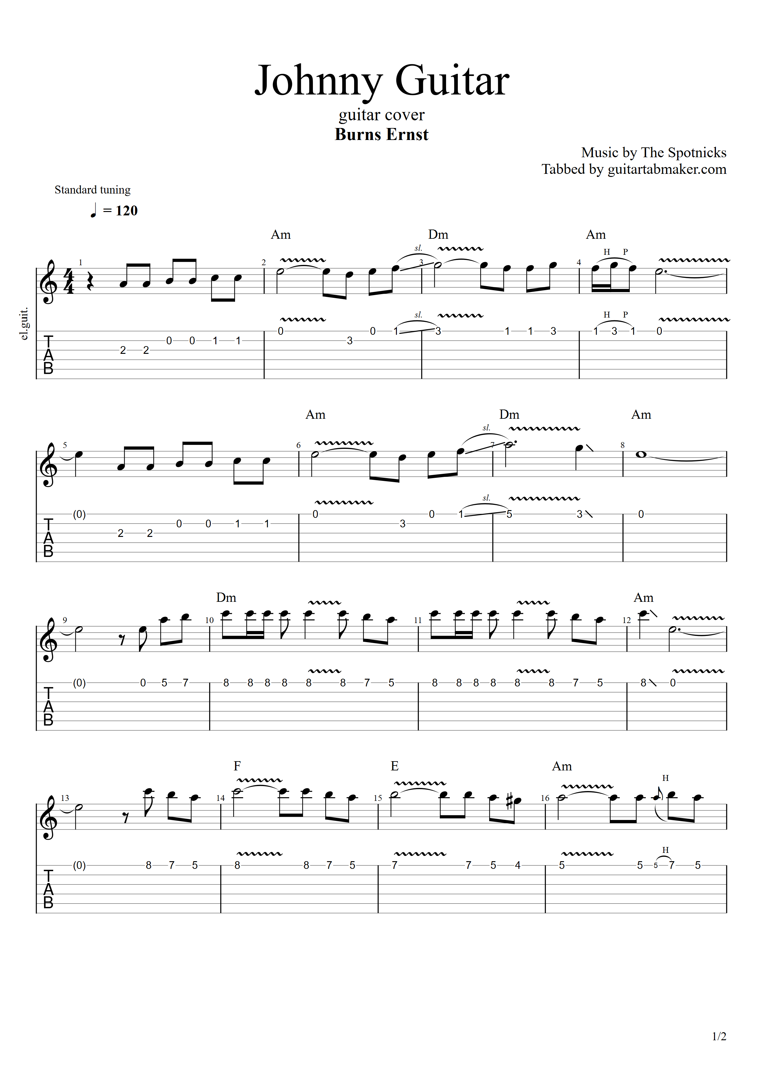 Spotnicks - Johnny Guitar TAB