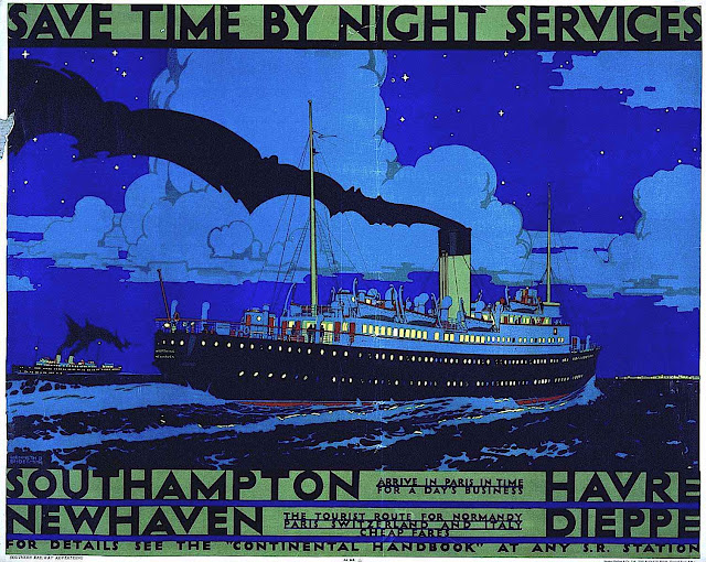 a Kenneth Shoesmith poster for a passenger ship, save time by night services