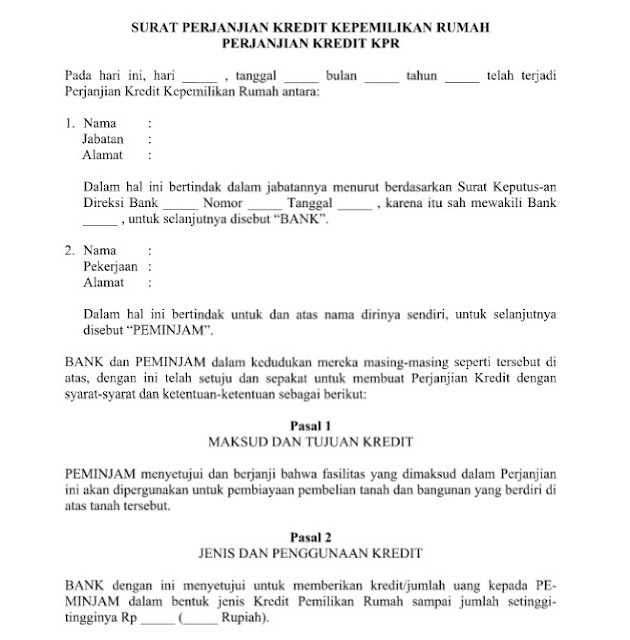 Contoh Surat Perjanjian Kredit Kepemilikan Rumah (KPR 