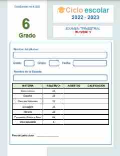 Examen Trimestral Bloque 1 Sexto grado 2022-2023