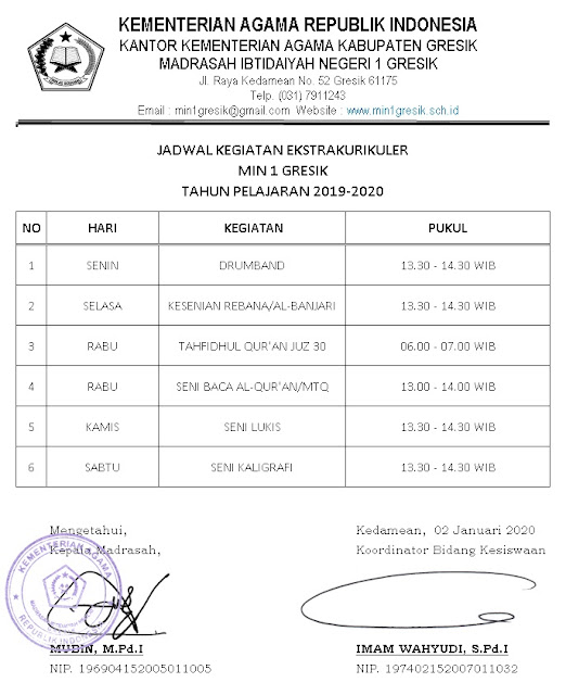 jadwal ekstrakurikuler tahun pelajaran 2019/2020 min 1 gresik