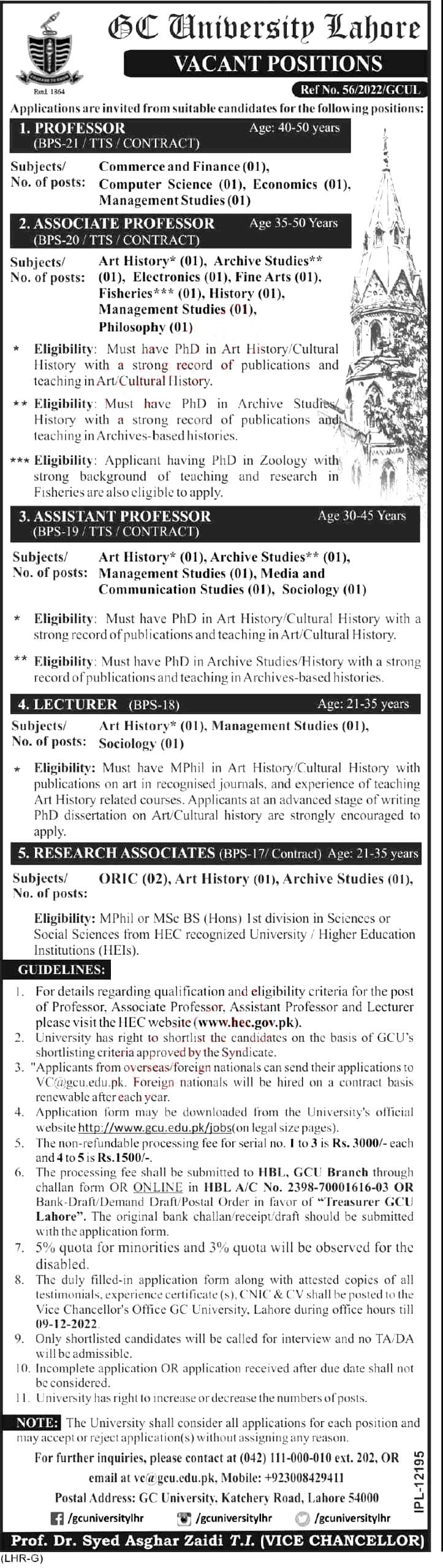 Govt Vacancies at Government College GC University Lahore GCUL