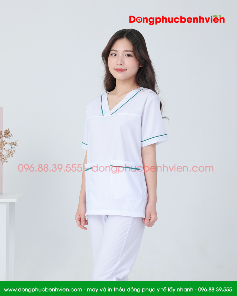 Bộ blouse cổ tim nữ - bộ scrubs kỹ thuật viên màu trắng có viền xanh cộc tay cho bác sỹ, điều dưỡng, dược sỹ