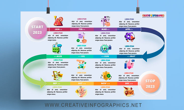 Infographics timeline bright multicolored curved line